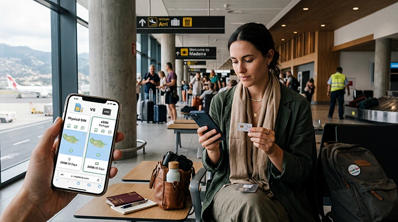 Traveler comparing SIM card and eSIM options at Madeira Airport