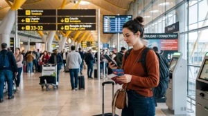 Traveler looking for a SIM card at Madrid Airport