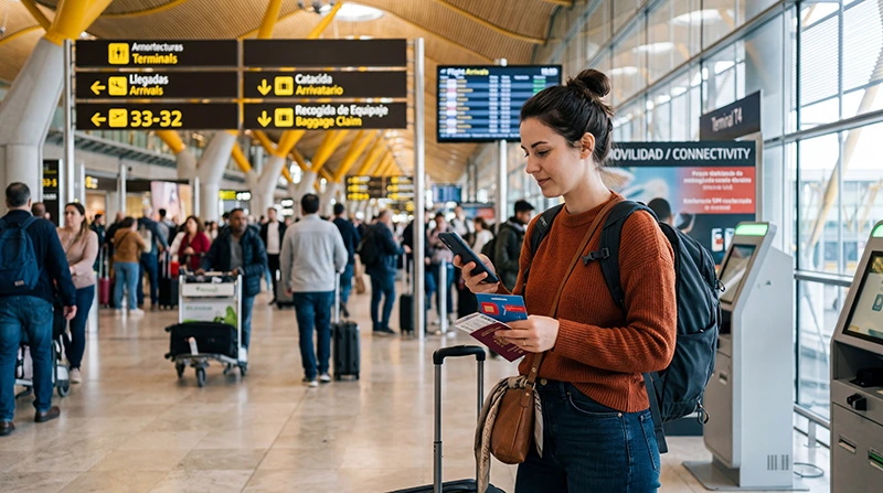 Traveler looking for a SIM card at Madrid Airport