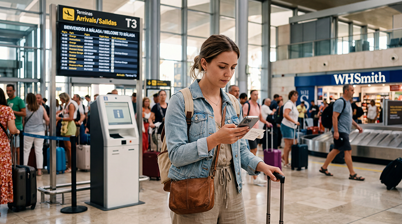 Traveler looking for a SIM card at Malaga Airport