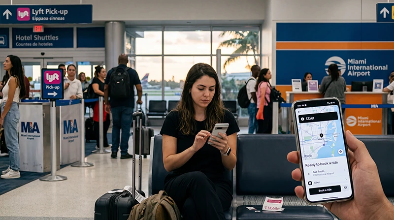 Traveler buying or using a SIM card and mobile internet at Miami International Airport.