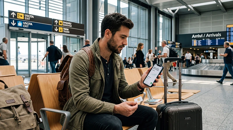 Traveler comparing SIM card and eSIM options at Milan Airport in Italy