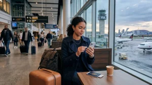 Traveler buying or using a SIM card at Montreal Trudeau Airport with airport terminal and Montreal city atmosphere
