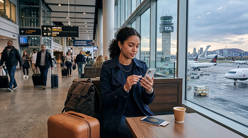 Traveler buying or using a SIM card at Montreal Trudeau Airport with airport terminal and Montreal city atmosphere