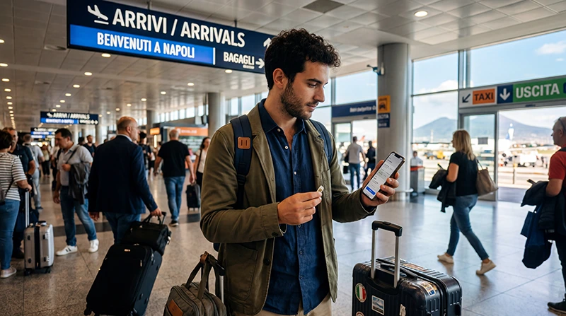 Traveler comparing SIM card and eSIM options at Naples Airport in Italy