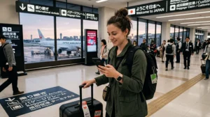 Traveler using mobile internet after arriving at Narita Airport in Japan.