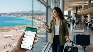 Traveler comparing SIM card and France eSIM at Nice Airport