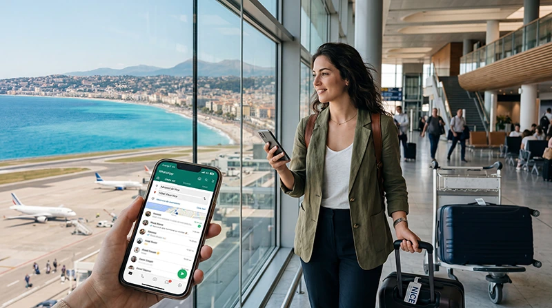 Traveler comparing SIM card and France eSIM at Nice Airport