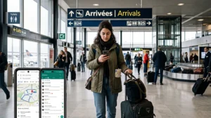 Traveler comparing SIM card and France eSIM at Paris Orly Airport