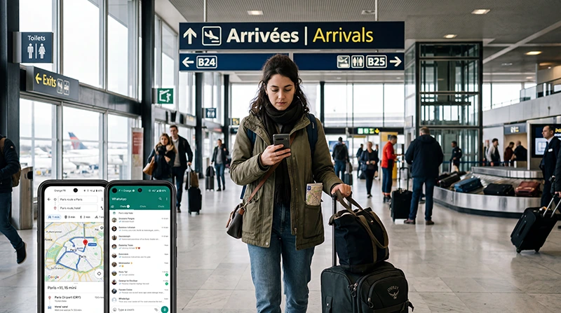 Traveler comparing SIM card and France eSIM at Paris Orly Airport
