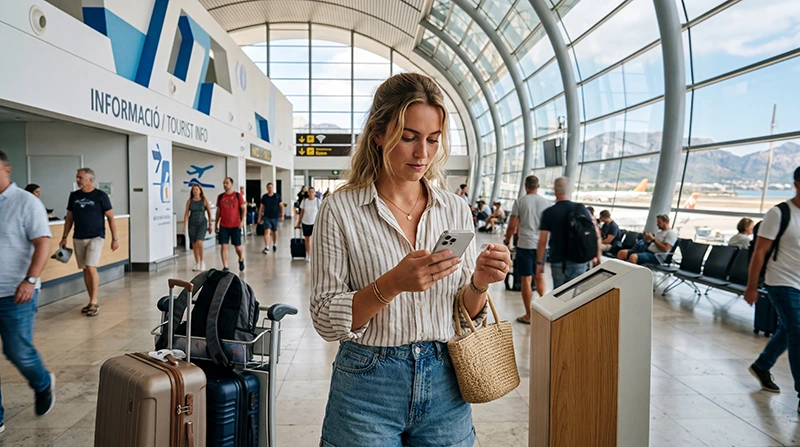Traveler looking for a SIM card at Palma de Mallorca Airport