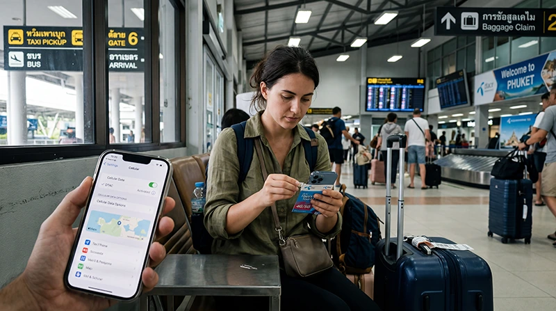 Traveler buying or activating a SIM card and Thailand eSIM at Phuket airport for mobile internet, maps, and travel apps.