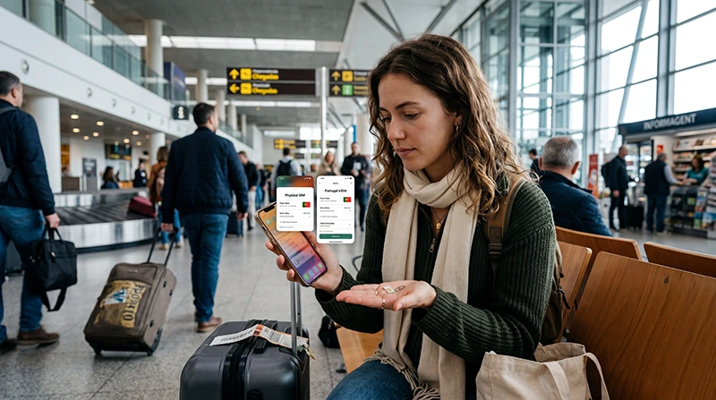 Traveler comparing SIM card and eSIM options at Porto Airport