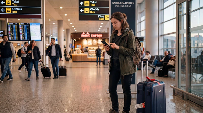 Traveler setting up mobile internet after arriving at Sabiha Gökçen Airport in Istanbul.