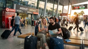 Traveler setting up mobile internet and eSIM after arriving at Tirana Airport in Albania.