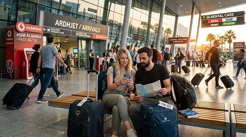 Traveler setting up mobile internet and eSIM after arriving at Tirana Airport in Albania.