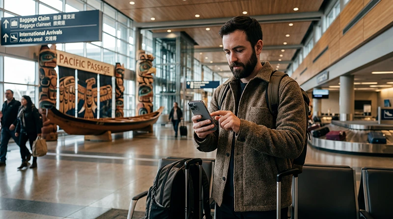 Traveler buying or activating SIM card and eSIM mobile internet at Vancouver Airport.