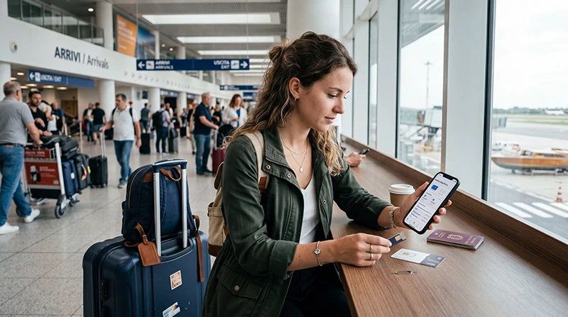 Traveler comparing SIM card and eSIM options at Venice Airport in Italy