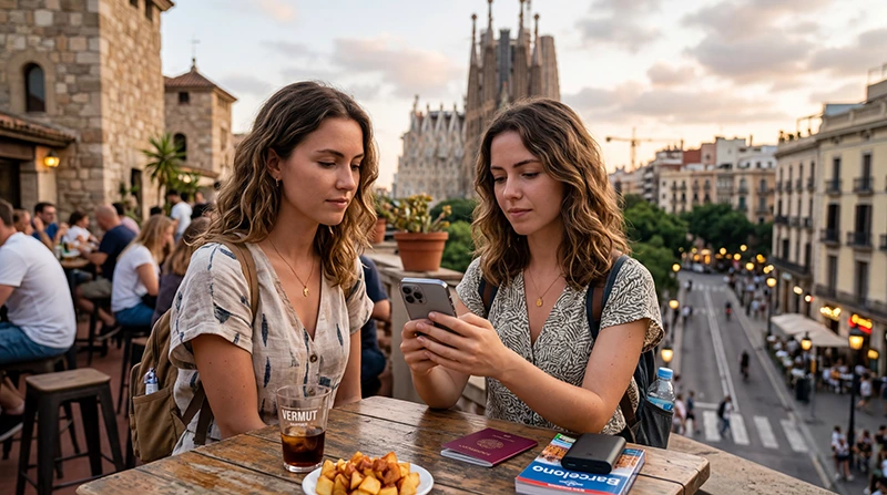 Traveler checking roaming charges and eSIM options in Spain