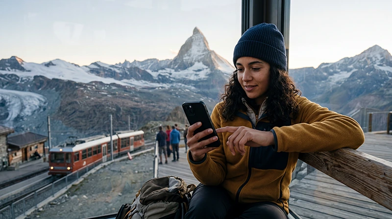 Traveler using iPhone with eSIM mobile internet in Switzerland.