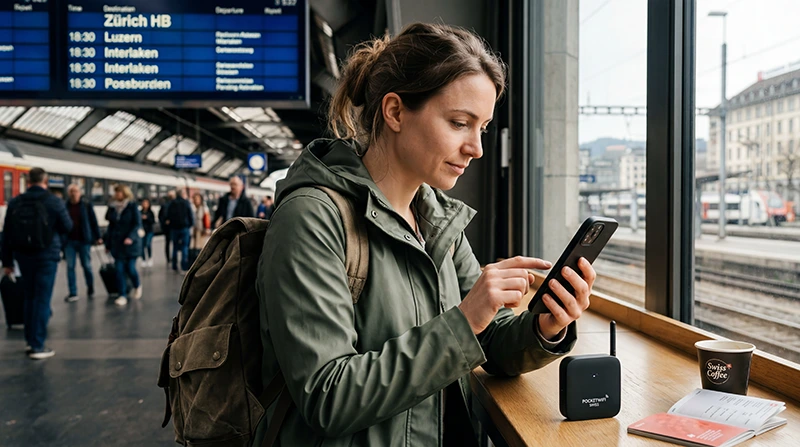 Traveler comparing eSIM and pocket WiFi options while traveling in Switzerland.