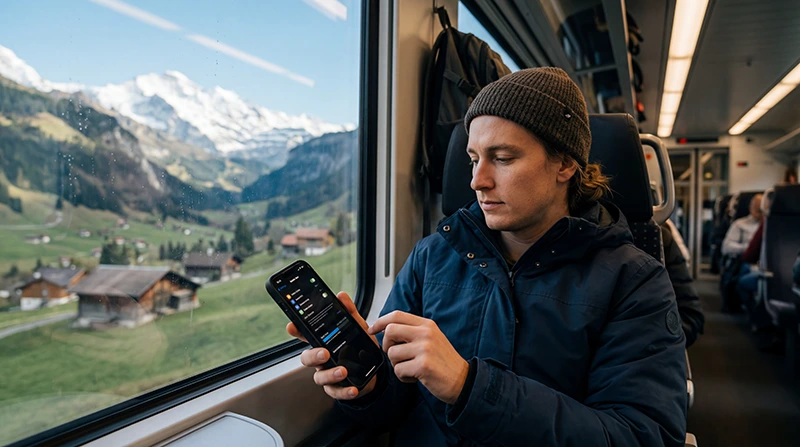 Traveler checking roaming charges and mobile internet options while traveling in Switzerland.