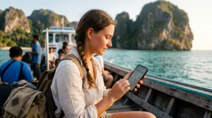 Traveler using a Thailand eSIM on an Android phone for maps, travel apps, hotspot, and mobile internet in Thailand.