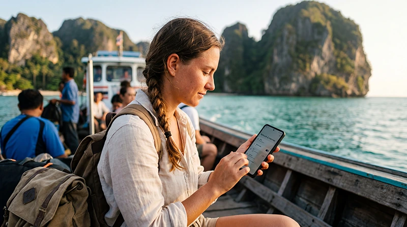 Traveler using a Thailand eSIM on an Android phone for maps, travel apps, hotspot, and mobile internet in Thailand.