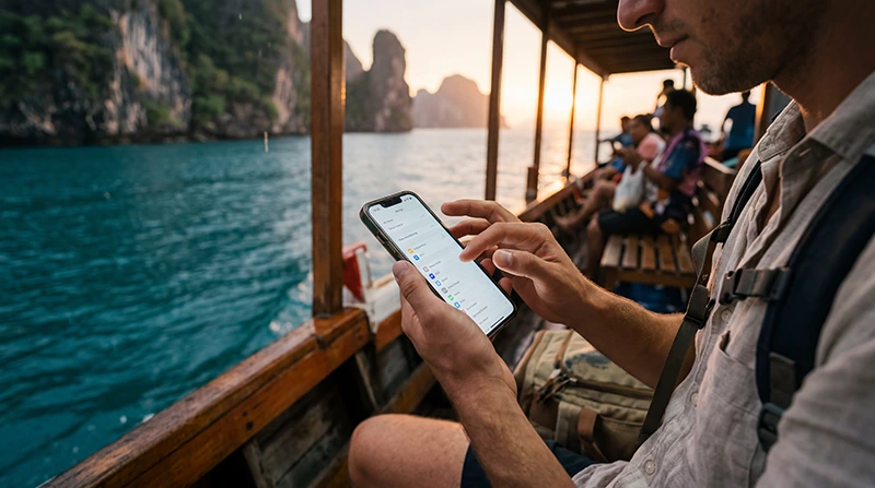 Traveler using a Thailand eSIM on an iPhone for maps, travel apps, messaging, and mobile internet in Thailand.