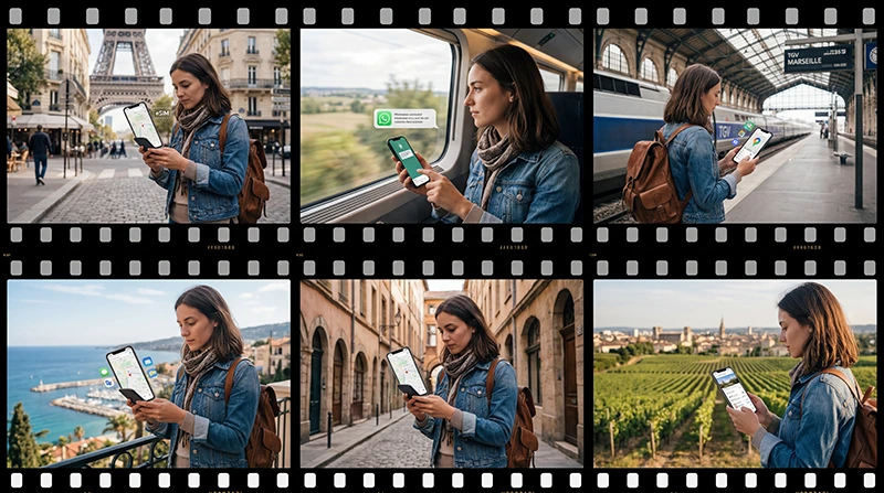Traveler using France eSIM and mobile internet while traveling across France