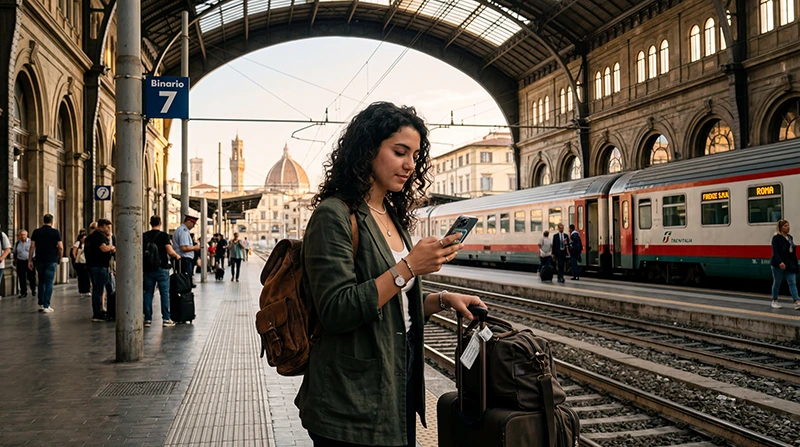 Traveler using eSIM mobile internet while traveling across Italy