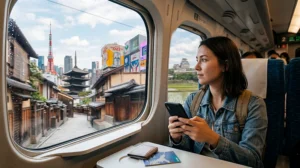 Traveler using a Japan eSIM and mobile internet while traveling across Japan.