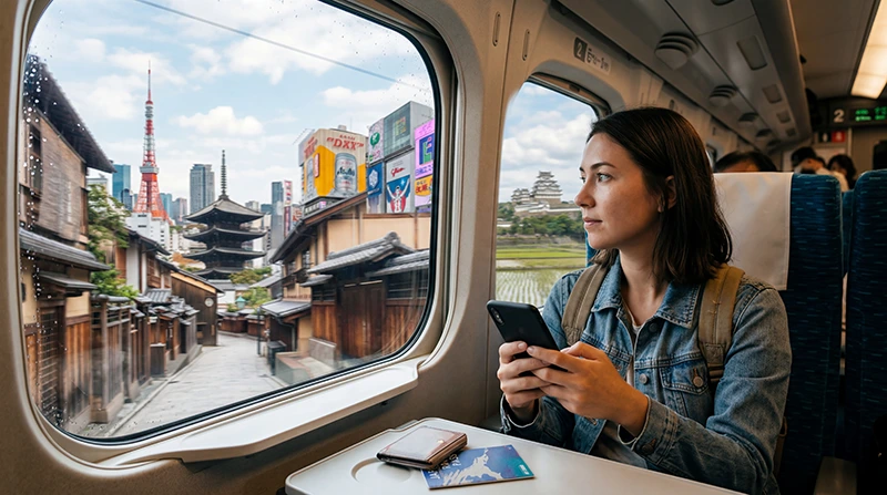 Traveler using a Japan eSIM and mobile internet while traveling across Japan.
