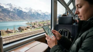 Traveler using an eSIM and mobile internet while traveling across Switzerland.