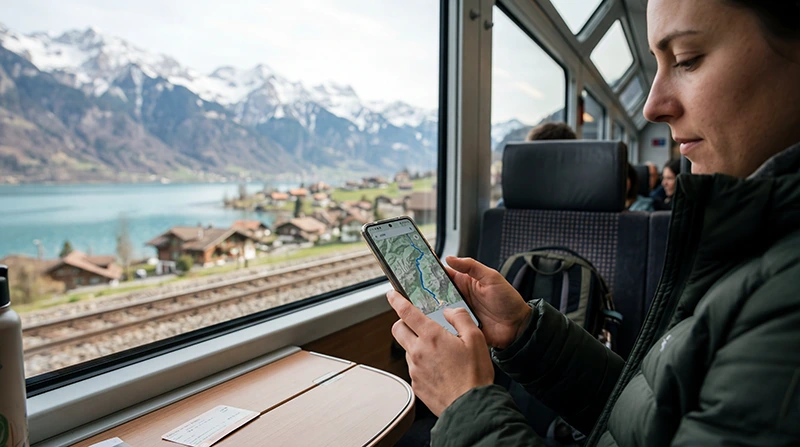 Traveler using an eSIM and mobile internet while traveling across Switzerland.