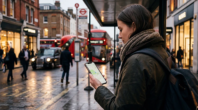 Traveler using a UK eSIM on a smartphone while exploring cities and transportation in the United Kingdom.