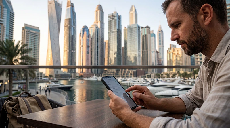 Traveler checking UAE roaming charges on a smartphone while traveling in Dubai with mobile internet and eSIM.