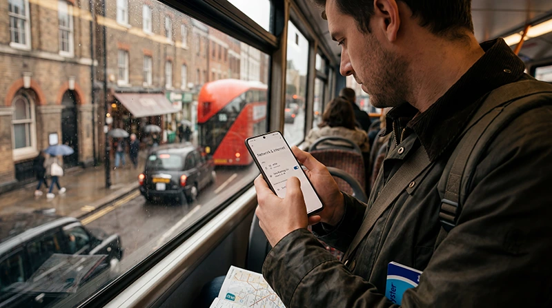 Traveler using an Android phone with a UK eSIM for mobile internet while traveling in the United Kingdom.
