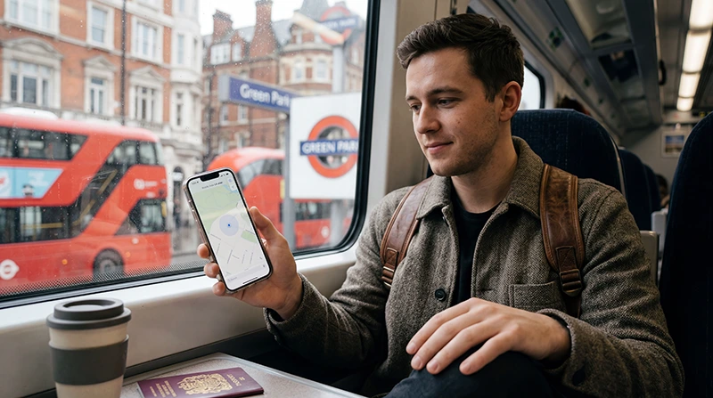 Traveler using an iPhone with a UK eSIM for mobile internet while traveling in the United Kingdom.