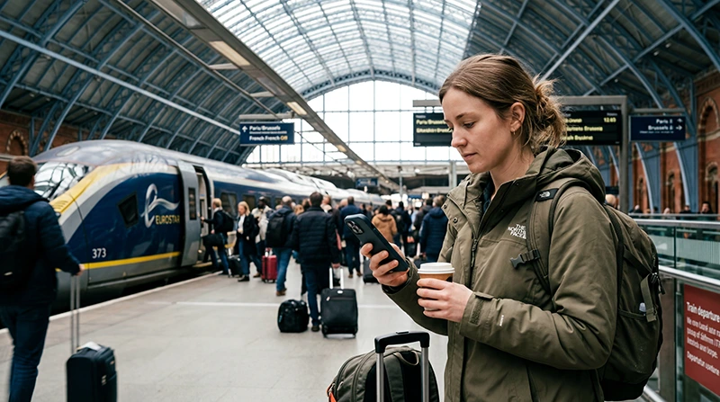 Traveler checking roaming settings and mobile internet while visiting the United Kingdom after Brexit.