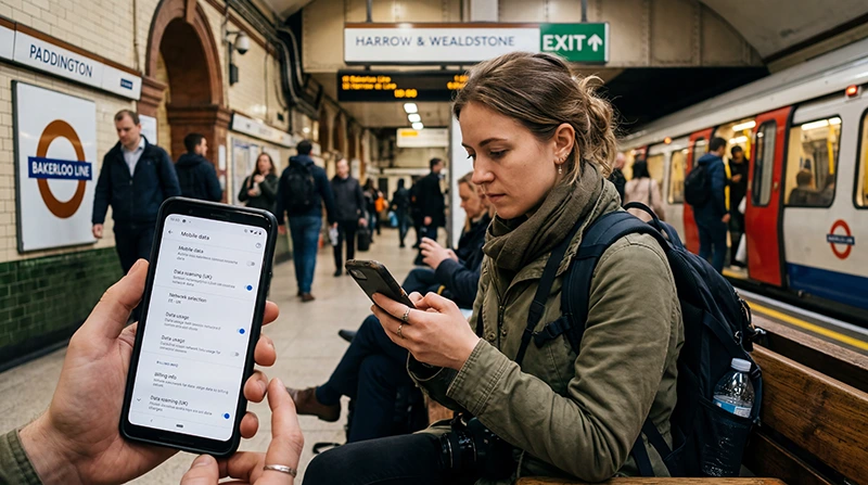 Traveler checking mobile roaming charges in the United Kingdom on a smartphone in London.