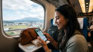 Traveler using unlimited data eSIM and mobile internet while traveling across Japan.