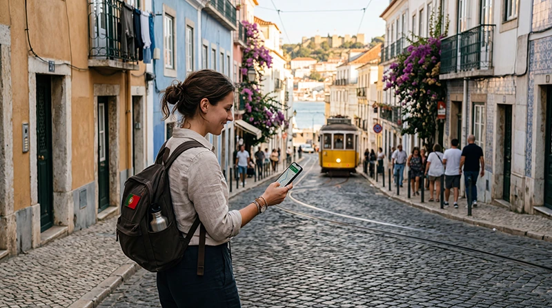 Traveler using unlimited data eSIM and mobile internet while exploring Portugal