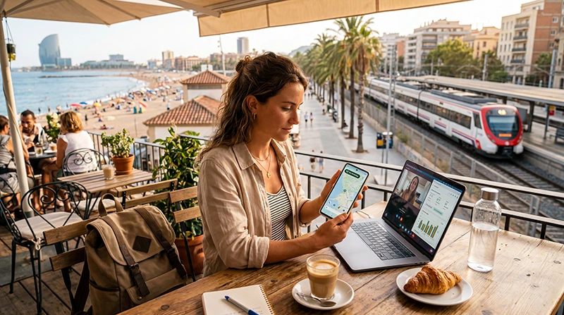 Traveler using unlimited data eSIM in Spain for maps streaming and remote work