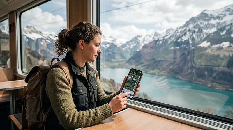 Traveler using unlimited data eSIM internet while traveling in Switzerland.