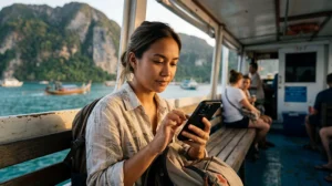 Traveler using an unlimited data Thailand eSIM for maps, streaming, hotspot, remote work, and travel apps in Thailand.