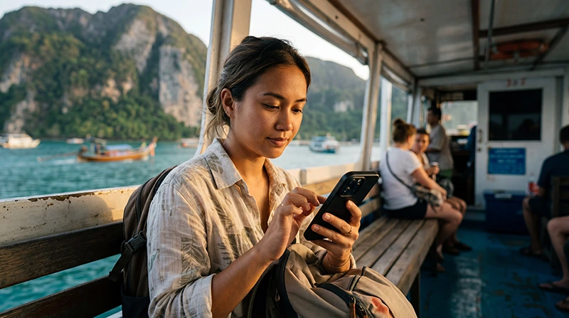 Traveler using an unlimited data Thailand eSIM for maps, streaming, hotspot, remote work, and travel apps in Thailand.