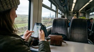 Traveler using unlimited data eSIM and mobile internet while traveling across the United Kingdom.