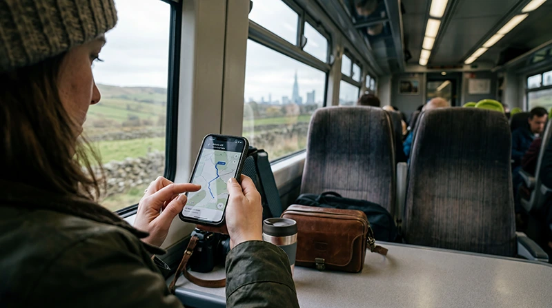 Traveler using unlimited data eSIM and mobile internet while traveling across the United Kingdom.