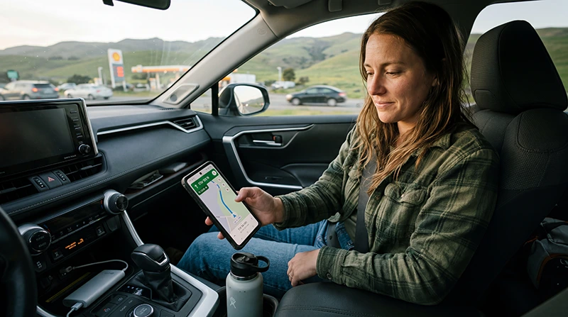 Traveler using an unlimited data eSIM for mobile internet, navigation, and travel apps while visiting the United States.